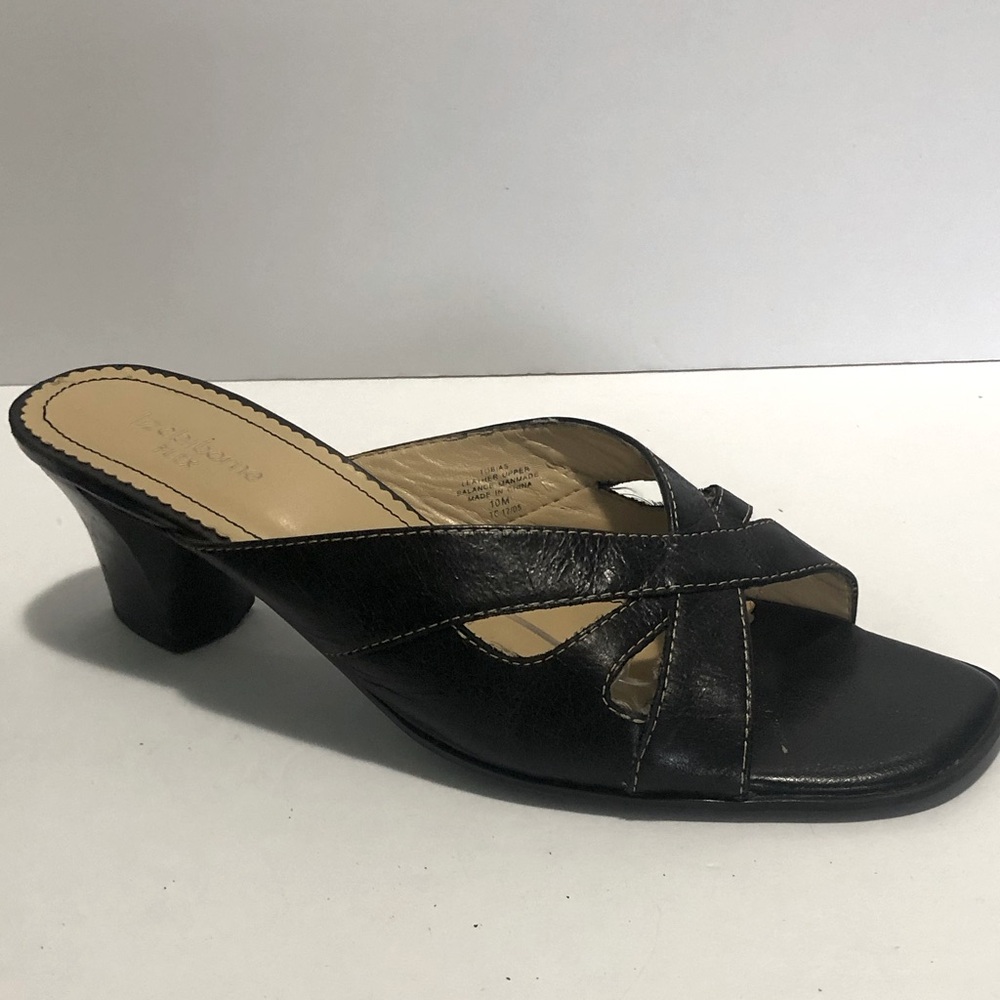 Black Leather Women's Mid-Heel Slide Sandals